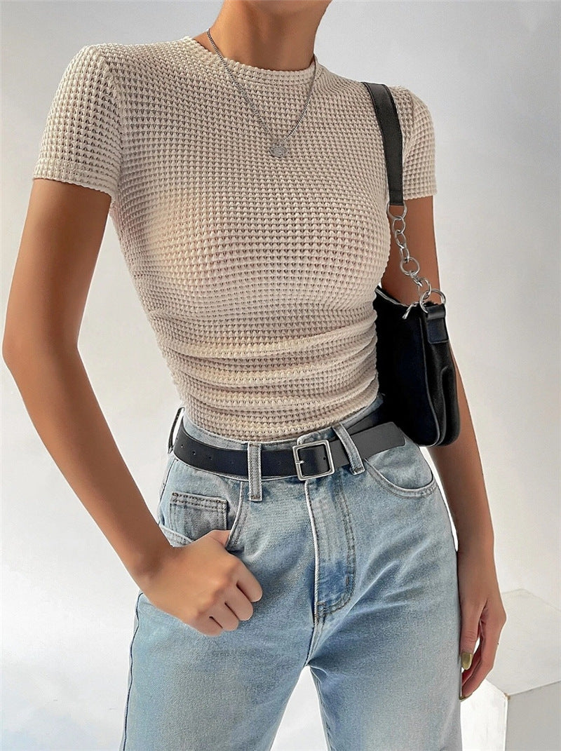 Women Fashion Casual Round Neck Knitted Short Sleeve Top