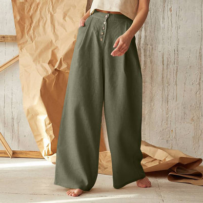 Women Solid Color Casual High Waist Buttoned Cotton Linen Wide Leg Pants
