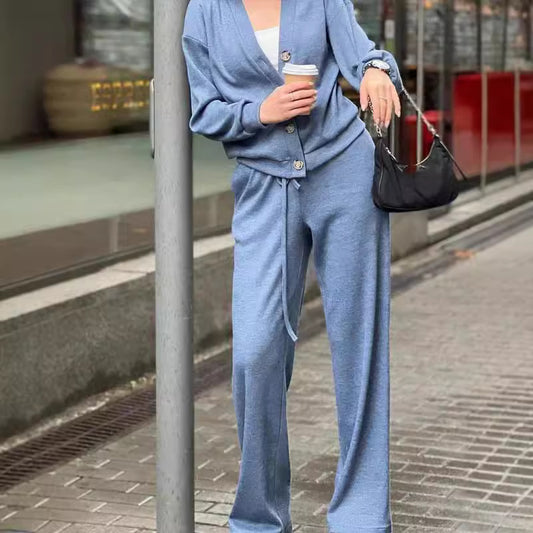 Conjunto de dos piezas formado por chaqueta, pantalón y cárdigan de manga larga, informal, color liso, para mujer