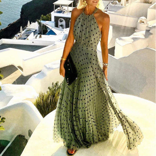 Vestido largo sin mangas con estampado de lunares bohemio informal a la moda para mujer