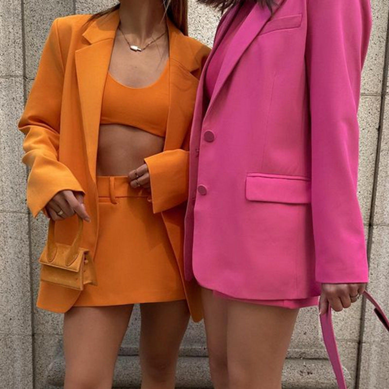 Conjunto de dos piezas de chaqueta y falda de manga larga holgada informal para mujer