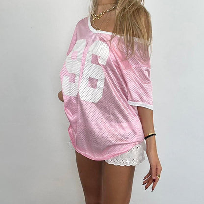 Women Fashion Casual Loose Breathable Digital Print Short Sleeve V-Neck Jersey T-Shirt