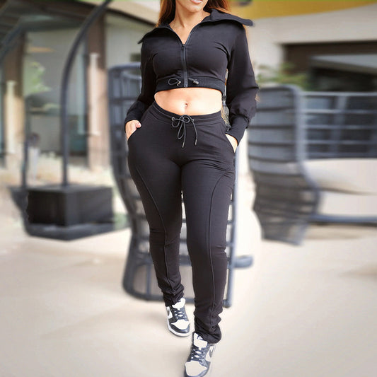 Conjunto de dos piezas de top y pantalón de manga larga con solapa y cremallera informal para mujer