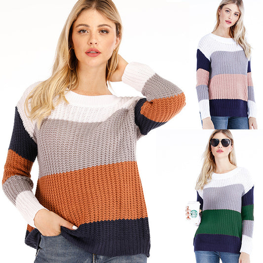 Women Casual Autumn And Winter Stripe Loose Knitted Sweater