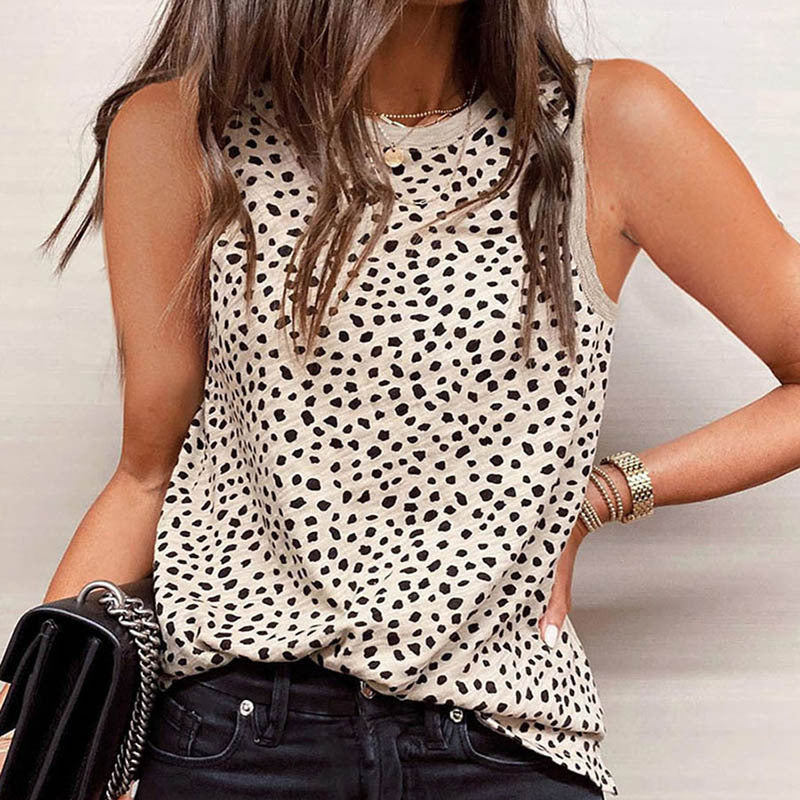 Camiseta sin mangas ajustada con cuello redondo y estampado de leopardo informal para mujer