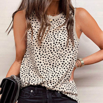 Camiseta sin mangas ajustada con cuello redondo y estampado de leopardo informal para mujer