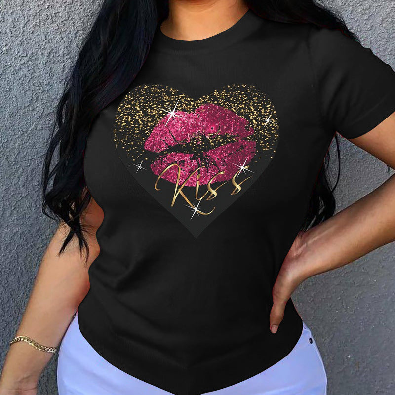 Camiseta informal holgada de algodón con cuello redondo, manga corta y estampado de corazón para mujer, talla grande