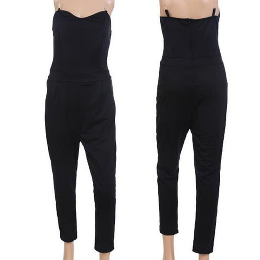 Women V-Neck Tight Waist Tube Top Casual Jumpsuit