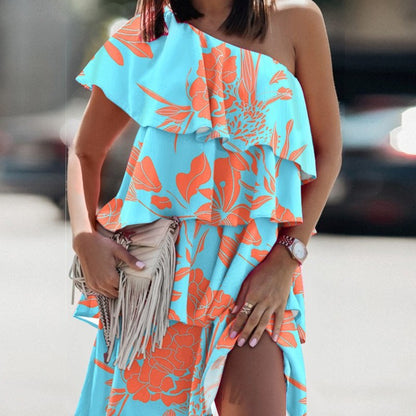 Women Elegant Bohemian Ruffled Casual Floral Print Oblique Shoulder Dress