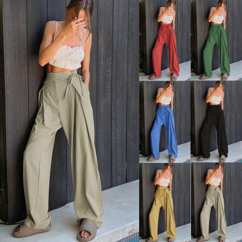 Pantalones casuales de cintura alta holgados de color sólido a la moda para mujer