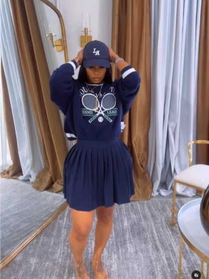 Women Fashion Casual Printed Sweatshirt Pleated Skirt Two-Piece Set