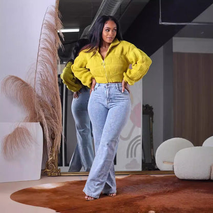 Women Casual Loose Solid Color Zipper Lapel Knitted Sweater