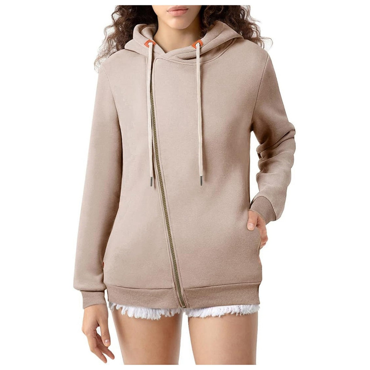 Sudadera con capucha informal de color liso con bolsillos y cremallera para mujer