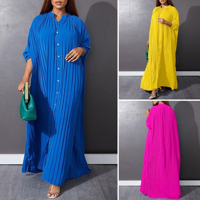 Women Fashion Plus Size Solid Color Loose Casual Creased Maxi Dress