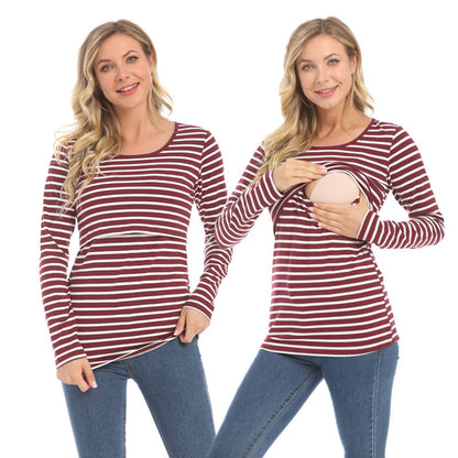Camiseta de lactancia materna informal con cuello redondo y manga larga con estampado de rayas para embarazadas