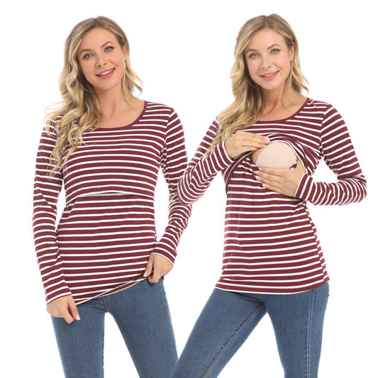 Camiseta de lactancia materna informal con cuello redondo y manga larga con estampado de rayas para embarazadas