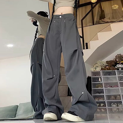 Pantalones cargo rectos informales de pierna ancha y cintura alta para mujer, moda urbana
