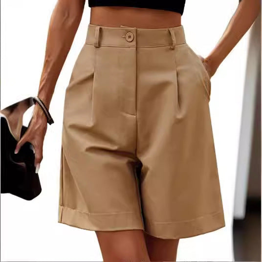 Women Fashion Casual Solid Color Elastic Waist Wide Leg Pockets Shorts