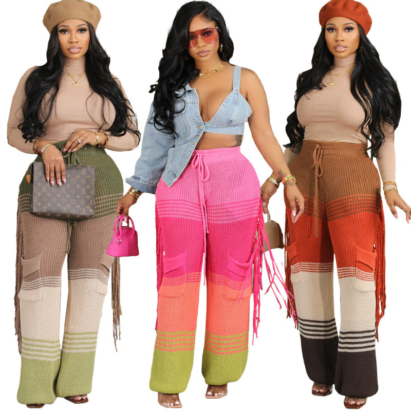 Pantalones rectos holgados con borlas y diseño de bloques de color para mujer, informales, de invierno