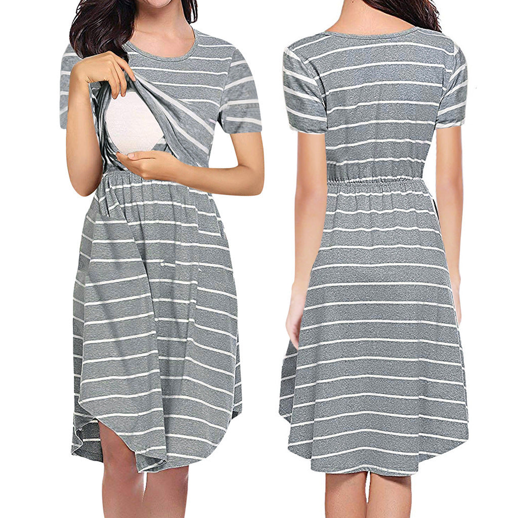 Pregnant Woman Fashion Casual Stripe Round-Neck Short-Sleeve Breastfeeding Dress