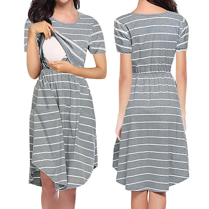 Pregnant Woman Fashion Casual Stripe Round-Neck Short-Sleeve Breastfeeding Dress