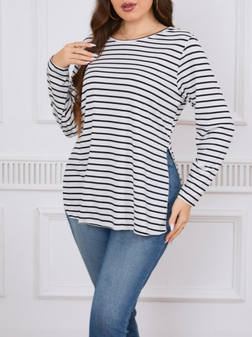 Women Casual Plus Size Loose Stripe Long-Sleeve Top