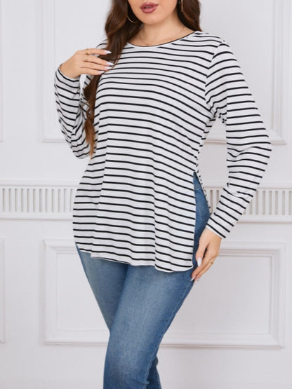 Women Casual Plus Size Loose Stripe Long-Sleeve Top
