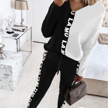 Conjunto deportivo informal para mujer, con estampado de letras en colores contrastantes, camiseta de manga larga con cuello en V y pantalones pitillo