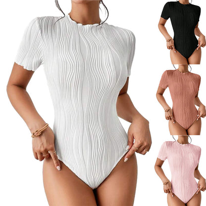 Women Fashion Casual Corrugated Round Neck Short Sleeve Bodysuits