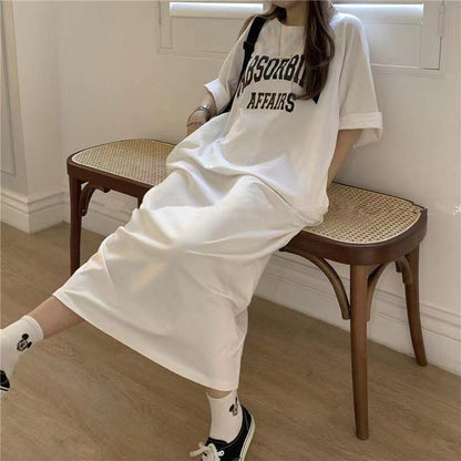 Women Casual Loose Crewneck Alphabet Print Maxi Dress