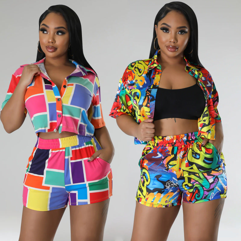 Conjunto de dos piezas de manga corta con solapa y estampado informal de verano para mujer