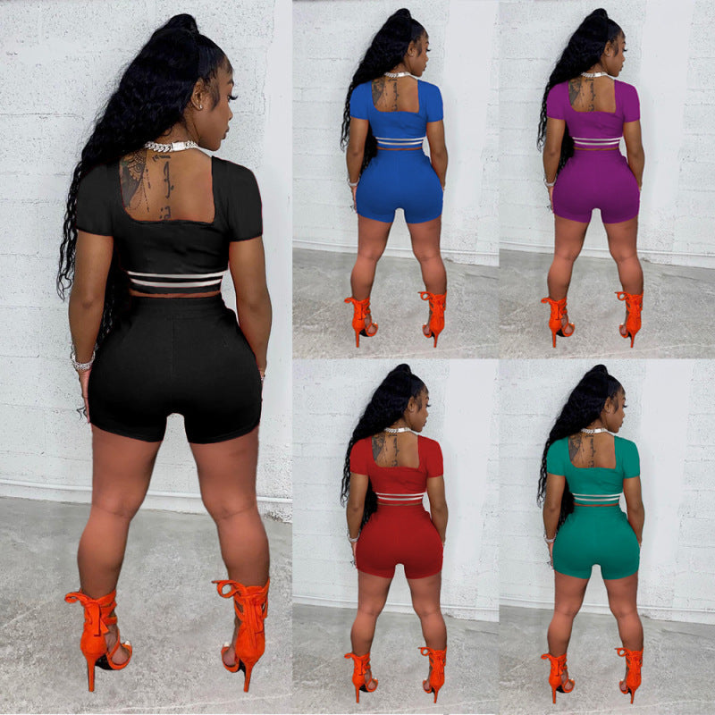 Women Fashion Solid Color Letter Printing Square Neck Short Sleeve Top Casual Shorts Set