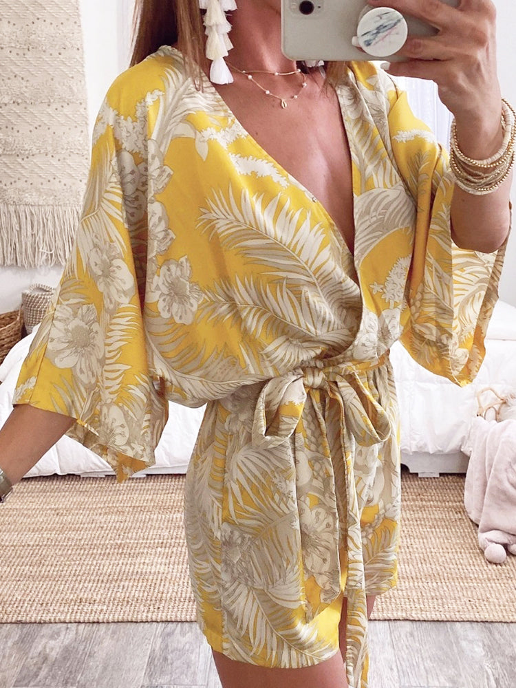 Women Elegant Casual Leaf Print Shorts Sleeve Bandage Summer Wide Leg Beach Rompers