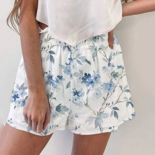 Pantalones cortos casuales de moda para mujer con estampado floral diminuto y cintura elástica para vacaciones