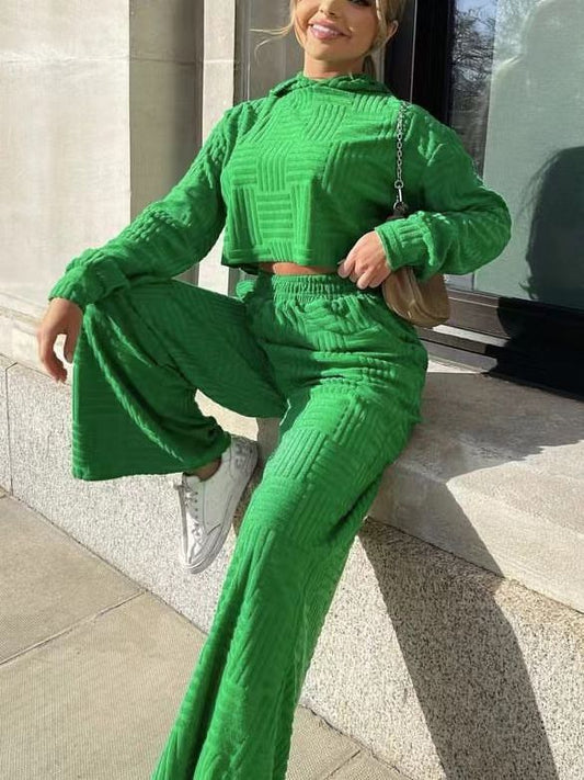 Conjunto de dos piezas informal de color liso con capucha y pantalones de pierna ancha de manga larga para mujer