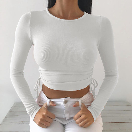 Fashion Basic Casual Women'S Irregular Slim Side Drawstring Long Sleeve Solid Color Basic Crop Top