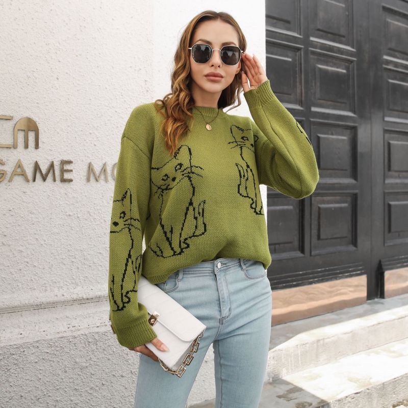 Suéter de punto con estampado de gato para mujer, informal, de invierno