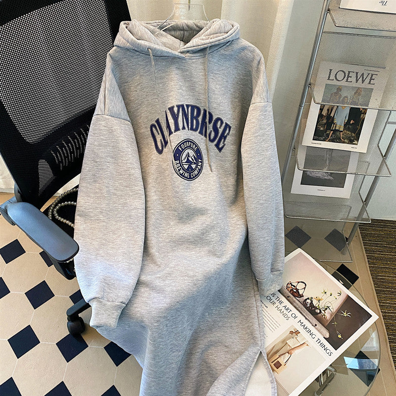 Autumn And Winter Women Loose Casual Thickened Letter Printed Long-Sleeved Hooded Sweat Dress