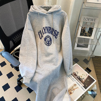 Autumn And Winter Women Loose Casual Thickened Letter Printed Long-Sleeved Hooded Sweat Dress