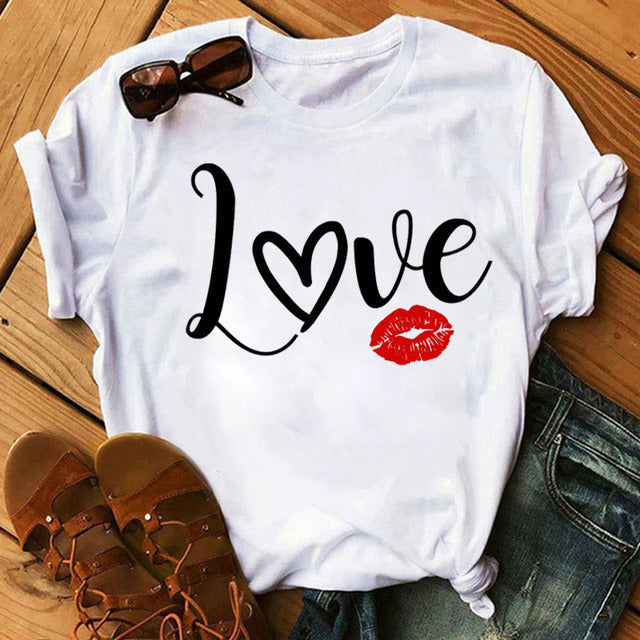 Camiseta informal de manga corta con cuello redondo y estampado de labios para mujer