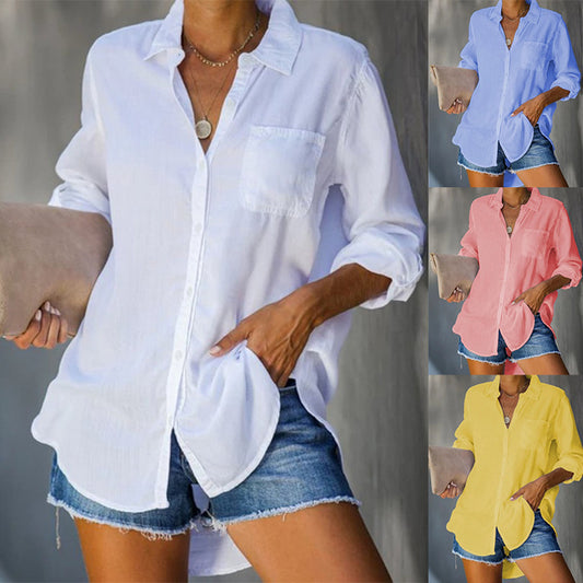 Camisa informal con botones de color liso y talla grande para mujer