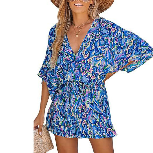 Women Fashion Casual Printed V-Neck Short-Sleeve Lace-Up Rompers