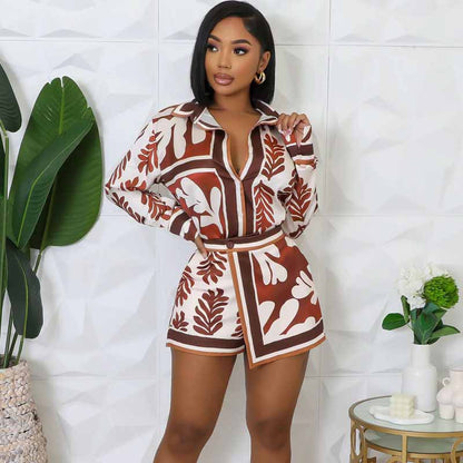 Conjunto de dos piezas para mujer, de manga larga, informal, a la moda, con estampado de hojas, camisa y pantalones cortos, para verano