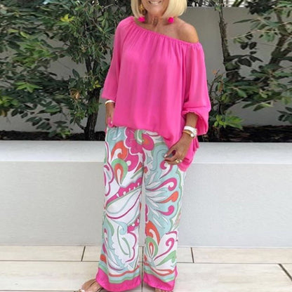 Conjunto de dos piezas para mujer: top de color liso con hombros descubiertos y pantalón estampado informal