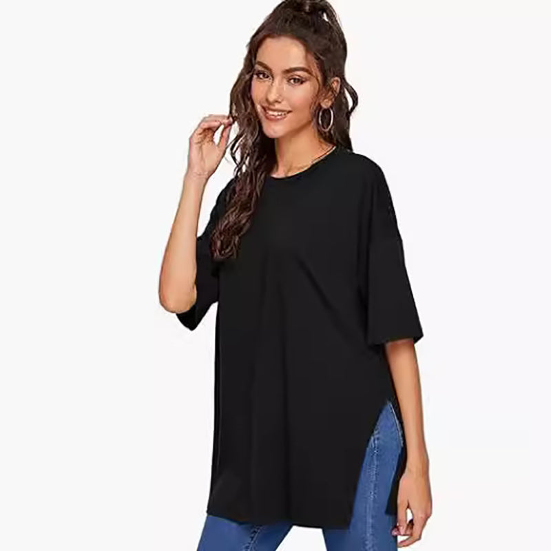 Summer Women Casual Solid Color Round Neck Short Sleeve Split T-Shirt