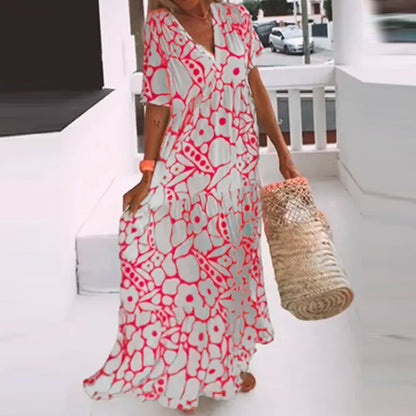 Summer Women Casual Geometric Print Deep V Maxi Dress