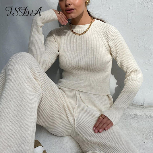 Women Set Sweater Top Long Sleeve And Biker Pants Casual Two Piece Knitted Set