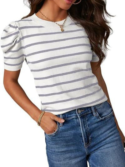 Camiseta informal de rayas con cuello redondo y mangas abullonadas para mujer