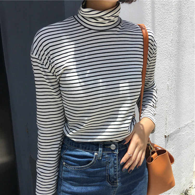 Camiseta informal de manga larga con cuello alto y estampado de rayas para mujer