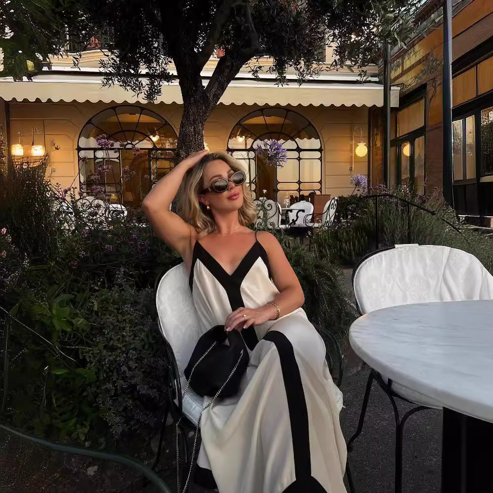 Women Summer Holiday Style Elegant Contrast V-Neck Spaghetti Sling Casual Maxi Dress